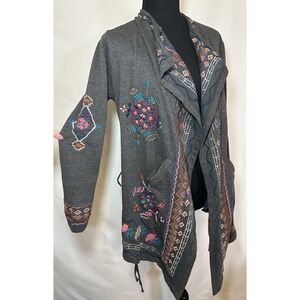 CAITE Women Gray Embroidered‎ Southwest Floral Aztec Open Cardigan Jacket SMALL